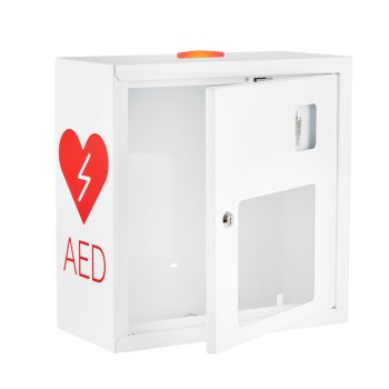 ASB1021-W-AED-R - Metalowa szafka na defibrylator wewnątrz budynku z alarmem dźwiękowym i świetlnym oraz kluczykiem - 37 x 37 x 17 cm